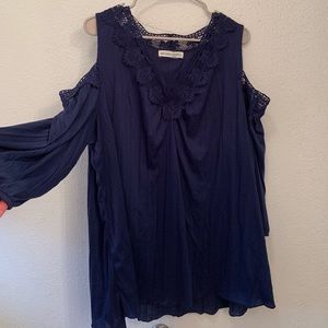 Navy Cold Shoulder Lace Blouse
